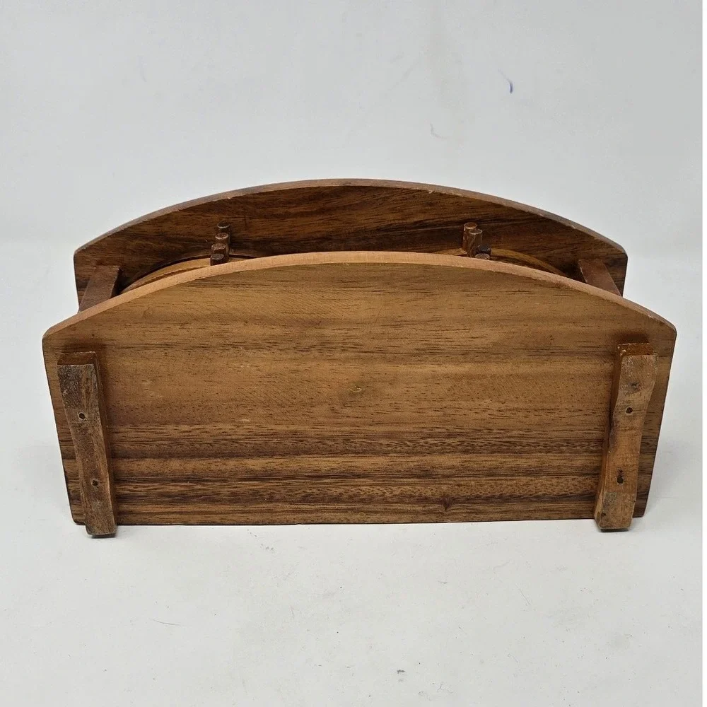 Vtg wood carved enclosed case w/12 Coasters, slide out coasters barware Kitsch